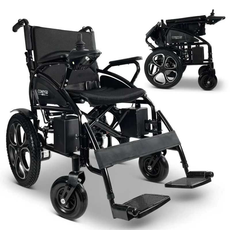 6011 Comfy Go Electric Wheelchair in Black regular view and folded view