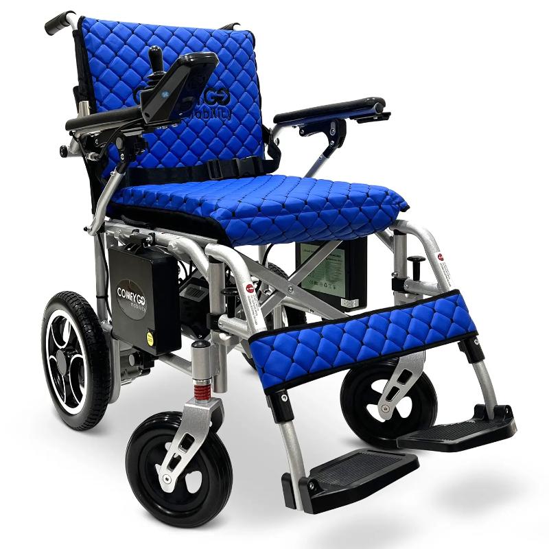 ComfyGO X-7 Lightweight Foldable Electric Wheelchair silver Frame blue Textile