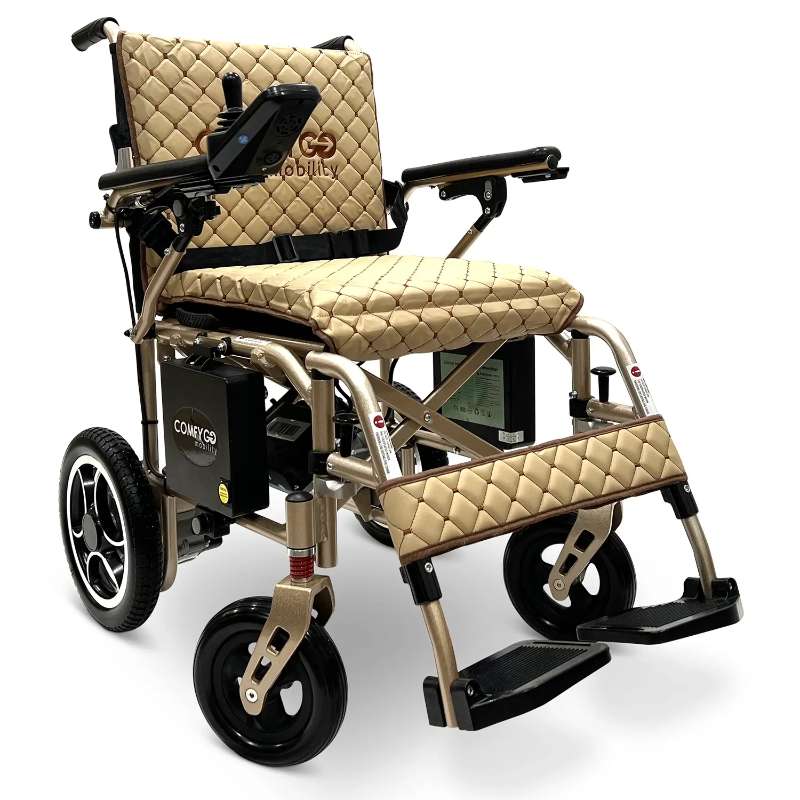 ComfyGo X7 Super Lightweight Folding Electric Wheelchair bronze Frame coffee cushion 