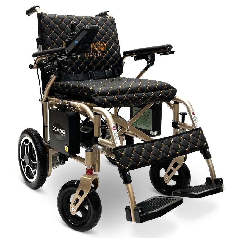 X-7 ComfyGO Lightweight Foldable Electric Wheelchair for Travel in black cushion bronze frame   