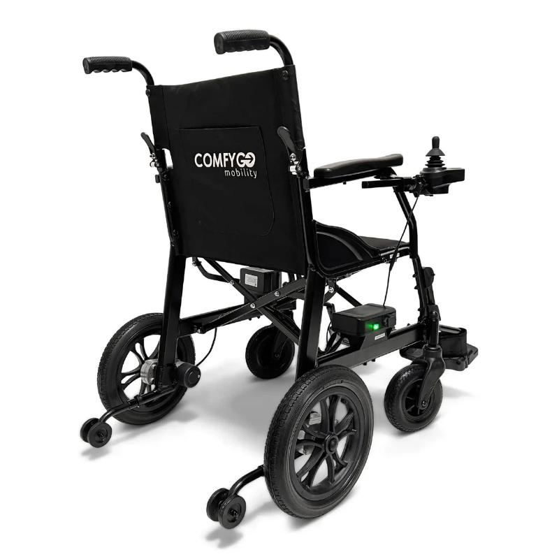 comfy go xlite lightweight foldable electric wheelchair for travel rear view 