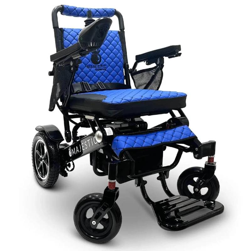 comfygo black frame blue cushion majestic iq 7000 auto folding remote controlled electric wheelchair